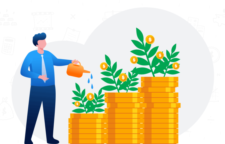 Man watering plants with money as fruits and roots